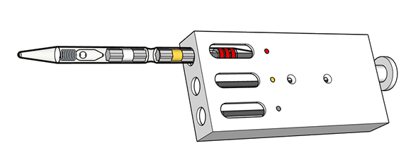 串をつかって内部のアンプル（ガラスの小容器）を破壊して液体の化学剤試薬をガラス管の中で開封します。